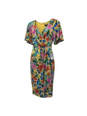 Maggy London Floral Wrap Midi Dress Short Sleeve Yellow Multicolor Size 0
